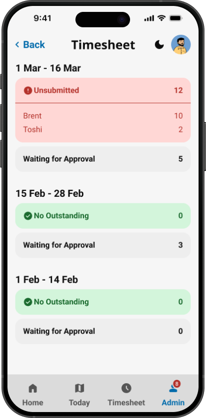 Led the creation of an internal app introducing efficiencies in timesheets – mobile screen