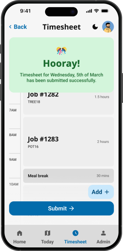 Led the creation of an internal app introducing efficiencies in timesheets – mobile screen